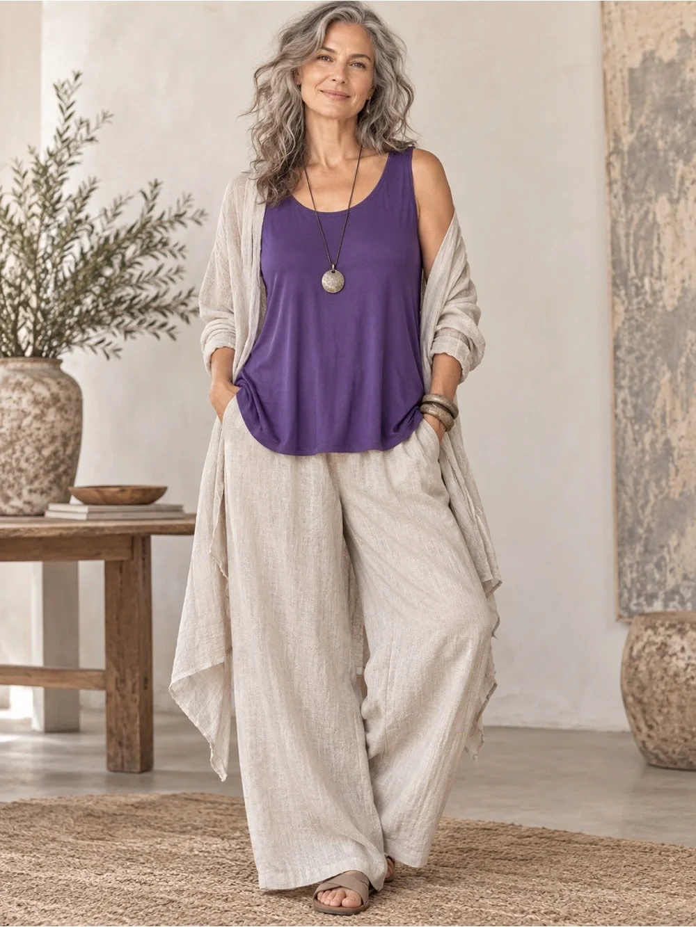 Eileen Fisher Stretch Silk Jersey Scoop Neck Tank Grape Purple Large NWT